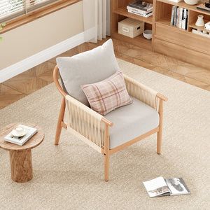 English Elm Braid Armchair Mid Century Modern Linen Wood Accent Chair with Ergonomic Support and Plush Cushioning Beige T3623P409102