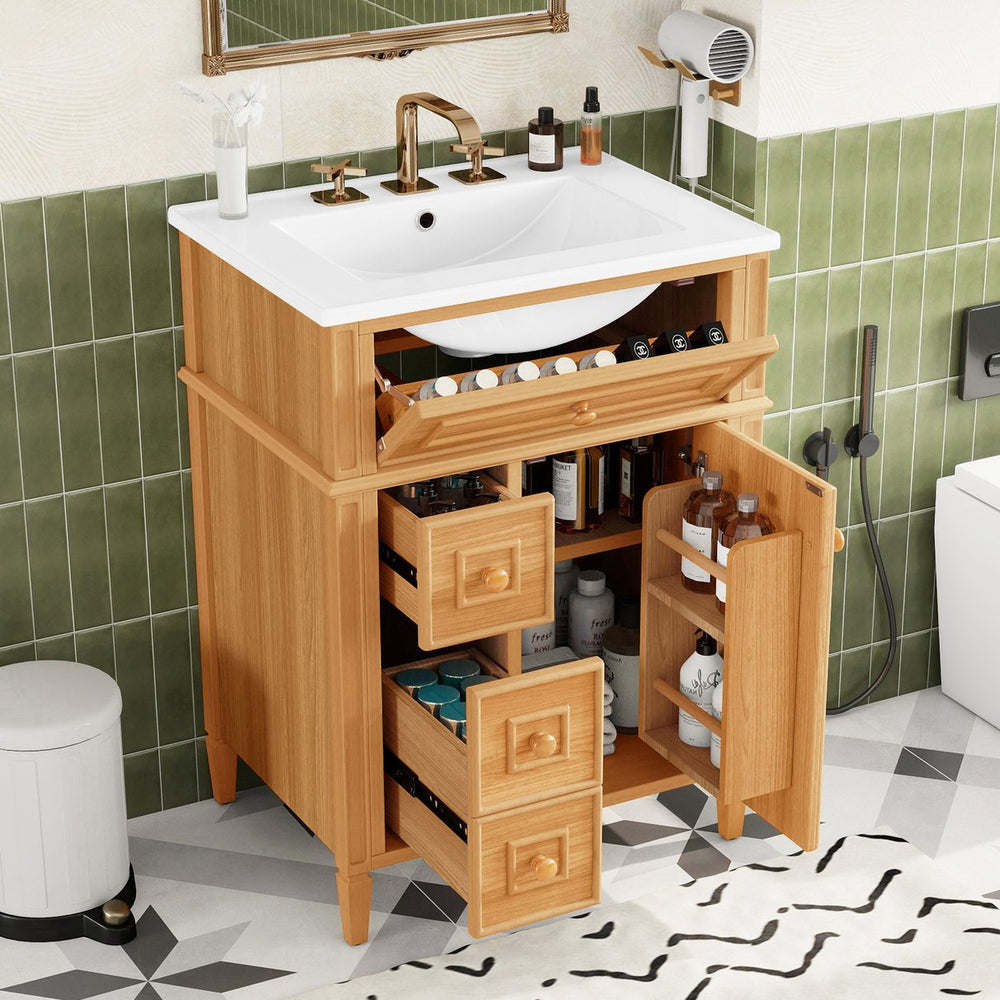 English Elm 24" Solid Pine Bathroom Vanity Cabinet with Ceramic Sink Soft Close Drawers N725P375500N
