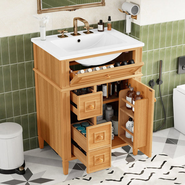 English Elm 24" Solid Pine Bathroom Vanity Cabinet with Ceramic Sink Soft Close Drawers N725P375500N