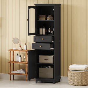 English Elm 63" Tall Bathroom Vanity Cabinet with Glass Doors, Two Drawers and Adjustable Shelves for Stylish Storage Black N729P171305B