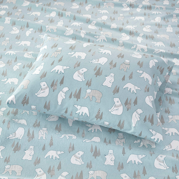 JLA Home True North by Sleep Philosophy - Printed Sheet Set Plush Cotton Flannel Bedding, OEKO-TEX Certified, Brushed Softness for Cozy Winters Blue Polar Bears TN20-0266