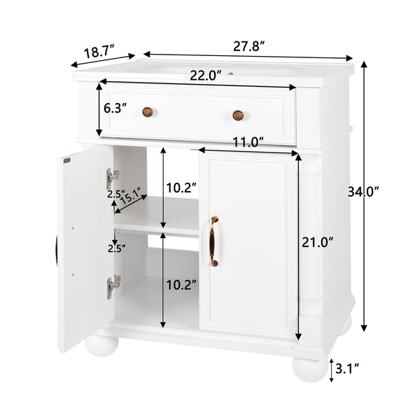 English Elm 27.8" Mid-century Freestanding Bathroom Vanity with Ceramic Sink Drawer and Wood Base White W1801S00006
