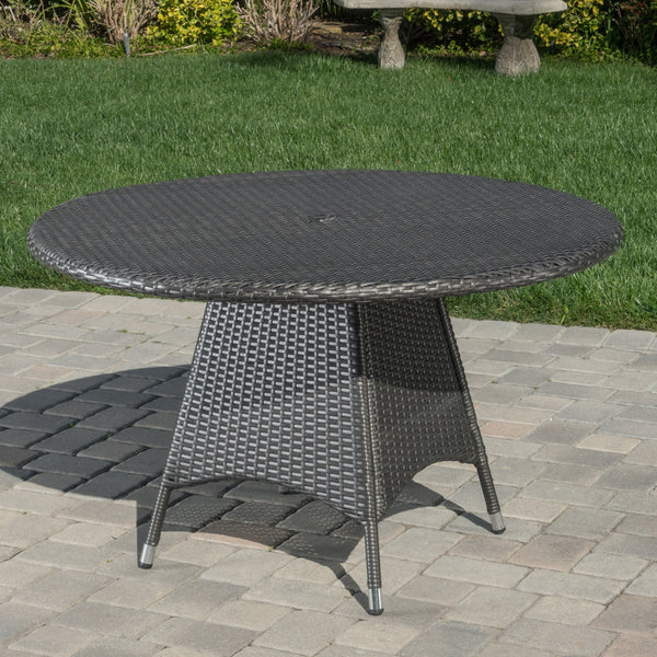 English Elm Christopher Knight Home® - CORSICA Round Dining Table in Grey Rattan with Silver-Tip Legs — Durable Woven Outdoor Entertaining N776P339670E
