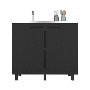 English Elm 2 Freestanding Utility Base Cabinet with Stainless Steel Top, Black Engineered Wood, Large Shelf & Handles B097S00111
