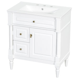 English Elm 30" Freestanding Bathroom Vanity Rubberwood Frame Ceramic Sink Flip Drawer Storage White N725P356062K