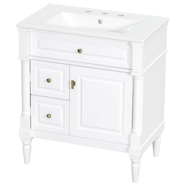English Elm 30" Freestanding Bathroom Vanity Rubberwood Frame Ceramic Sink Flip Drawer Storage White N725P356062K