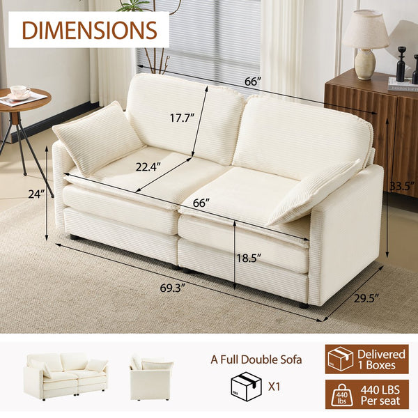 English Elm 69" Plush Cloud Loveseat Modular 2-Seater Sofa in Beige Corduroy, Convertible Ottoman, Durable Frame, 440lb Support W1829P324893