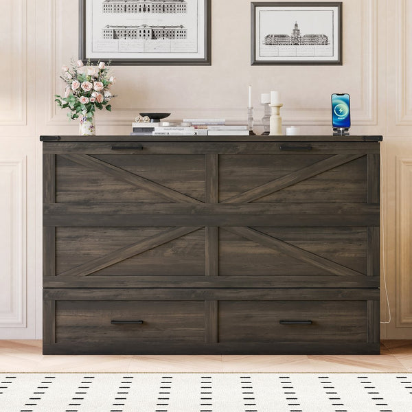English Elm Queen Farmhouse Murphy Cabinet Bed with Charging Station and Storage Drawer Gray N733S361778G
