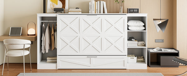 English Elm Twin Murphy Bed with Wardrobe and 3 Shelves, White Space-Saving Wall Bed for Guests, Twin Size 90" GX000733AAK