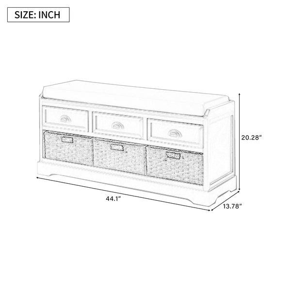 English Elm U_style Pinewood Entryway Bench with Drawers Baskets and Cushioned Seat for Mudroom Black WF323641AAB