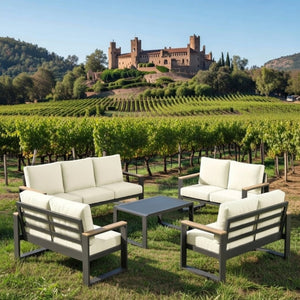 English Elm All-weather 5 Piece Aluminum Patio Conversation Set 7 Seat with Tempered Glass Table Beige+Grey B082S00115
