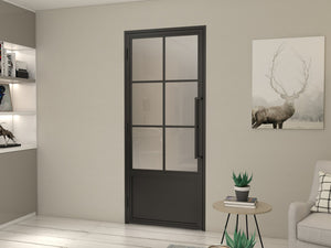 English Elm 30 in Matte Black Steel Sliding Barn Door Frosted Glass Privacy Panel with Hardware B2763P483216