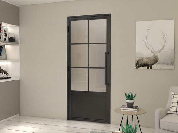 English Elm 30 in Matte Black Steel Sliding Barn Door Frosted Glass Privacy Panel with Hardware B2763P483216