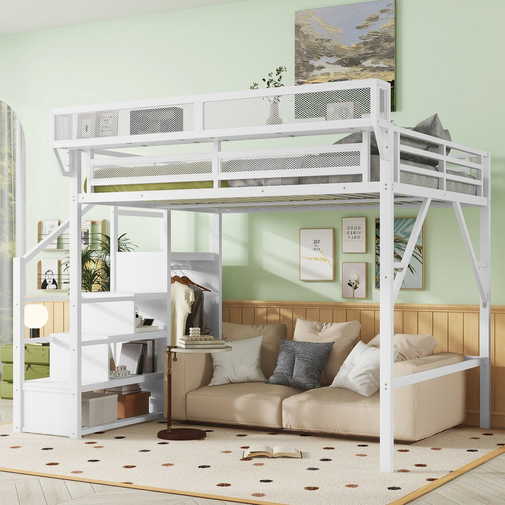English Elm Queen Metal Loft Bed with Wardrobe Stairs and Mesh Shelves for Teen Bedroom W2580S00057