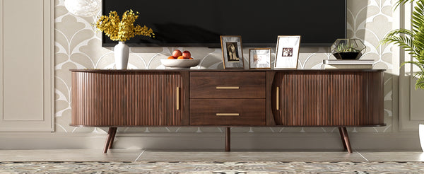 English Elm Mid-Century Solid Wood TV Stand for 80" TVs – Waterproof Finish, Sliding Doors & 2 Drawers Storage N710P257611P