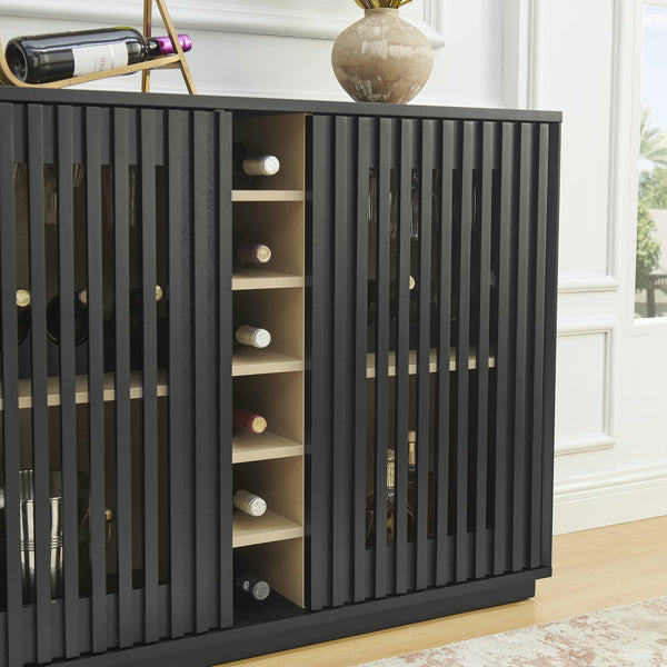 English Elm Mid Century Fluted Buffet Sideboard with Integrated Wine Rack and Glass Holder Storage Black W1801P454198