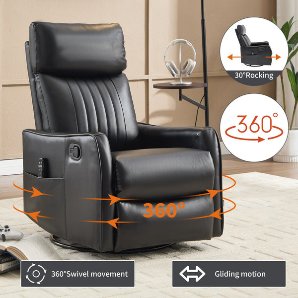 English Elm Blue Fabric Swivel Rocker Recliner with Massage Heat Nodes for Living Room Comfort Black Pu W1803P321812