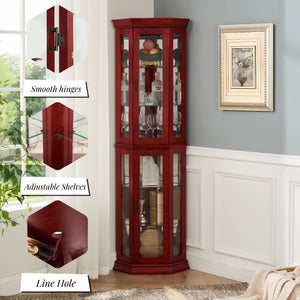 English Elm Lighted Corner Curio Cabinet - Elegant Glass Display With Adjustable Shelves & Ambient Lighting In Cherry W1758P300138