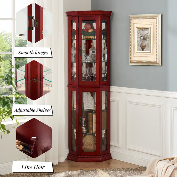 English Elm Lighted Corner Curio Cabinet - Elegant Glass Display With Adjustable Shelves & Ambient Lighting In Cherry W1758P300138