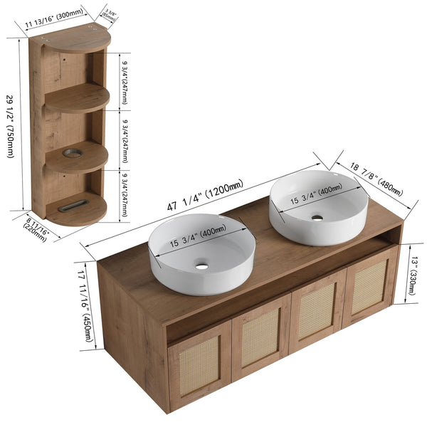 English Elm 48" Floating Bathroom Vanity Dual Ceramic Vessel Sinks Oak Finish Soft Close Doors W999S00504