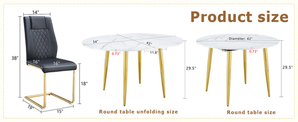 English Elm Table and Chair Set Extendable Mdf Round Oval Dining with Gold Arched Legs Black,White+Gold W1151S03945