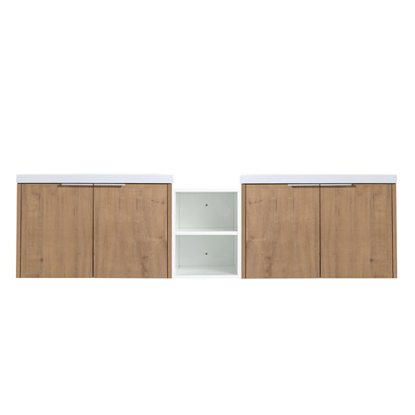English Elm 72 Inch Wall Mounted Vanity with Resin Sink, Soft-Close Doors, Ample Storage Shelves, Durable Eco Plywood Finish Imitative Oak W999S00188