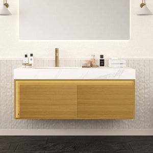 English Elm NYAH Floating 48" Bathroom Vanity with Carrara Sintered Stone Top, Undermount Basin & LED Sensor Light W2615S00367