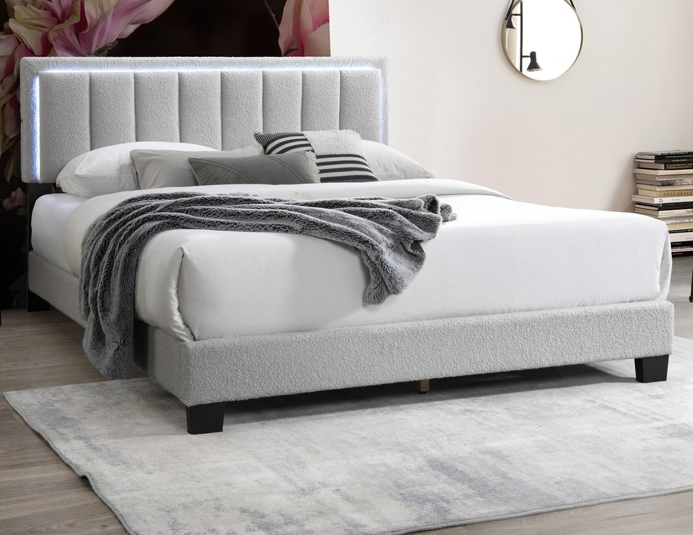 English Elm 1pc Full Upholstered Platform Bed Wool Fabric Channel Tufted Headboard with Led Lighting Light Gray B011P417511