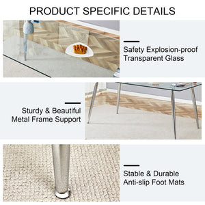 English Elm Modern Tempered Glass Dining Table Seats Six with Sleek Silver Legs for Open Spaces W1151S03176