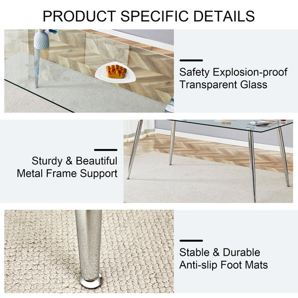 English Elm Modern Tempered Glass Dining Table Seats Six with Sleek Silver Legs for Open Spaces W1151S03176