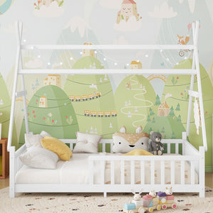 English Elm Twin Montessori Floor Bed House Frame with Led Lighting and Safety Rails for Kids White W2593P440589