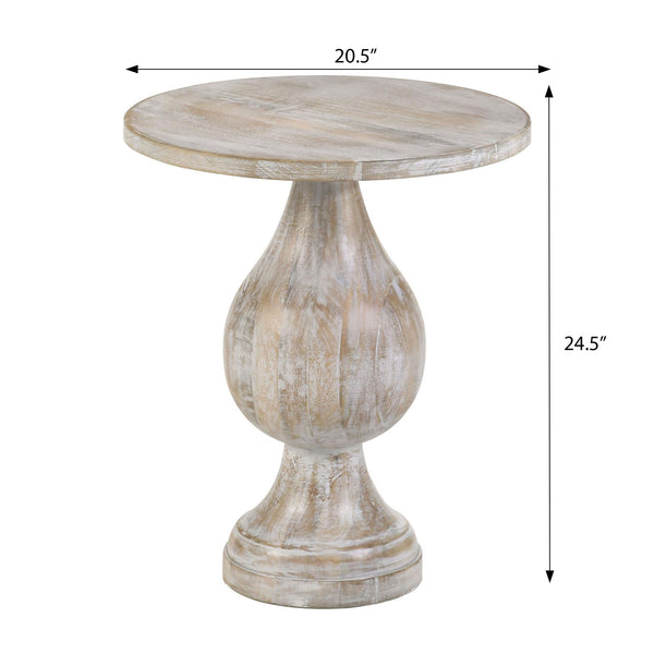 English Elm White White Washed Mango Wood Pedestal Accent Table — Romantic Contoured Silhouette, Eco-Friendly Craftsmanship, 24"H x 20"W B062S00353