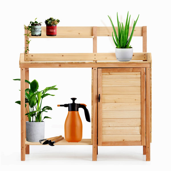 English Elm Outdoor Solid Wood Potting Bench with Built-in Sink Sliding Top and Garden Storage W2640P236086