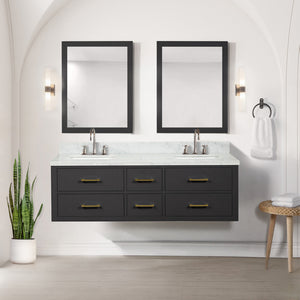 English Elm Black Double Bath Vanity 60 in. W x 22 in. D with Carrara Marble Top, Soft-Close Drawers & Mirrors B2731S01565