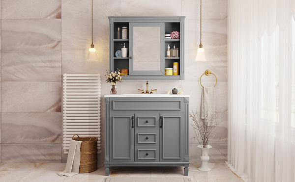 English Elm 36'' Bathroom Vanity with Sink and Mirror Cabinet, Modern MDF & Solid Wood Design, Ceramic Top, Soft-Close Doors Grey SW000115AAE-1
