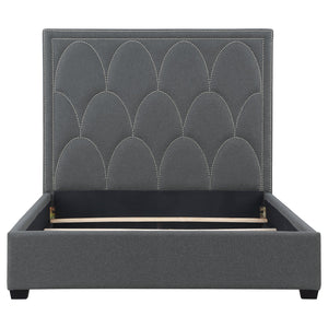 English Elm Maille Charcoal Upholstered Queen Panel Bed With Scalloped Headboard & Stylish Nailhead Trim B062S01010