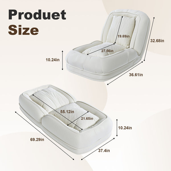 English Elm Upholstered Foldable Lazy Sofa Bed with 5 Recline Positions, Corduroy Tatami Chair with Pillows—Comfortable Space-Saving Lounge for Living Room and Bedroom Off White W2699P324227