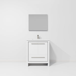 English Elm White Single Bath Vanity 30" W x 20" D with White Quartz Top, Gun Metal Faucet & 28" Mirror — Durable Vanity B2731S02057