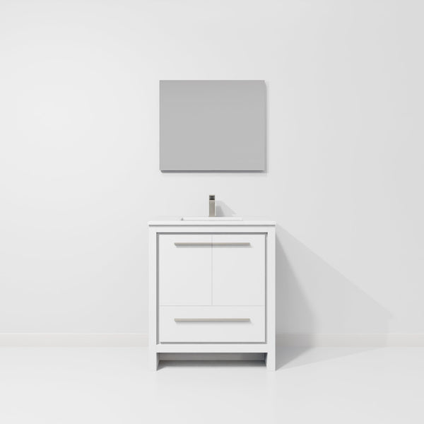 English Elm White Single Bath Vanity 30" W x 20" D with White Quartz Top, Gun Metal Faucet & 28" Mirror — Durable Vanity B2731S02057