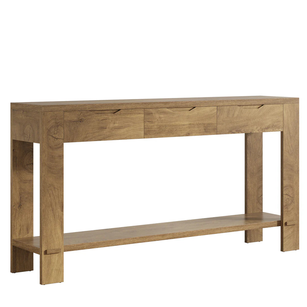 English Elm Authentic Oak Veneer Console Table with Three Drawers and Open Shelf for Entryway T3971P464190