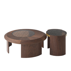 English Elm Tavola Modern Round Coffee Table Set with Walnut Veneer & Ripple Glass—Sturdy Two-Piece, Scratch-Resistant B341P321122