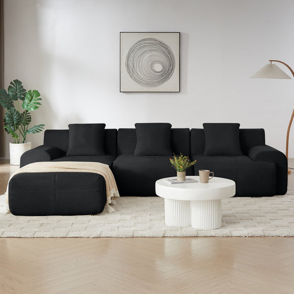 English Elm 113" Modular L-shaped Sectional Sofa Corduroy Upholstered with Movable Ottoman Black W1359S00060