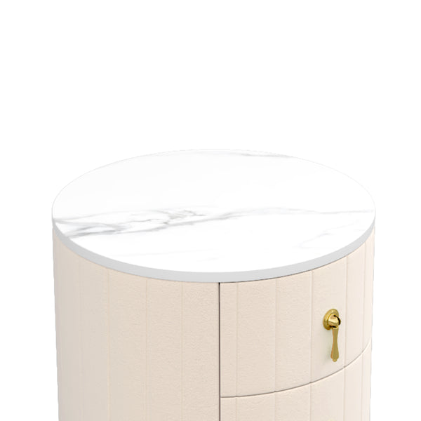 English Elm Upholstered Rounded Nightstand with 3 Spacious Drawers, Marbled Top and Metal Handles, Fully Assembled Beige 24 L x 19.5 W x 18.89 H N733P272609A