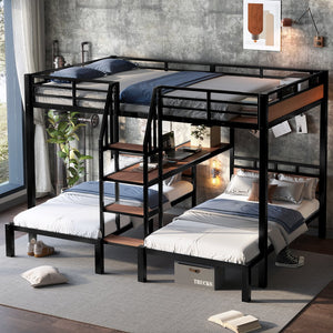 English Elm Twin Triple Bunk Bed Black Metal Frame with Built-in Storage Stairs and Shelves W1580S00620