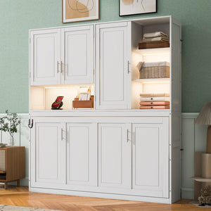 English Elm Twin Murphy Bed with Cabinet Shelves Built in Lighting Usb Ports Space Saving Wall Unit White LP000389AAK-1