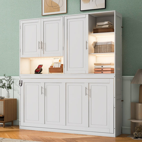 English Elm Twin Murphy Bed with Cabinet Shelves Built in Lighting Usb Ports Space Saving Wall Unit White LP000389AAK-1