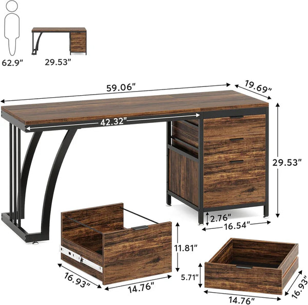 English Elm Extensive Industrial Writing Desk with Metal Frame Three Drawers and File Storage T3971P450857