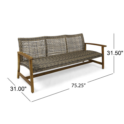 English Elm Christopher Knight Home® - HAMPTON Wood + Wicker 3 Seater Sofa – Acacia Wood Frame, Iron Support, Weather-Resistant Large Seat 60395.00WTC
