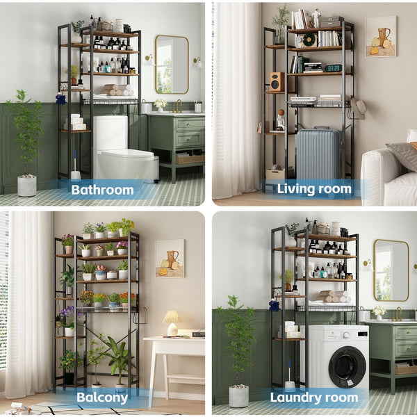 English Elm 8-tier Freestanding Over Toilet Organizer with Side Racks and Drain Basket Vintage Brown W2641P418457