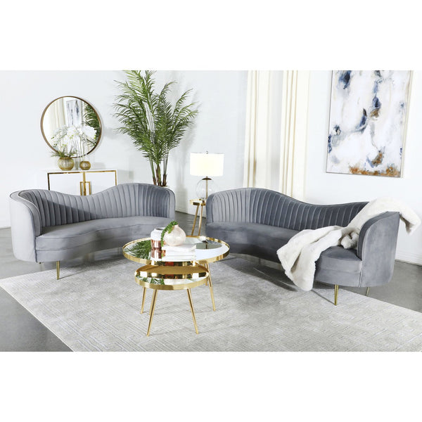 English Elm Sienna Velvet 2-Piece Camel Back Living Room Set in Grey with Gold Accents, Channel Tufted Elegance B062S00991